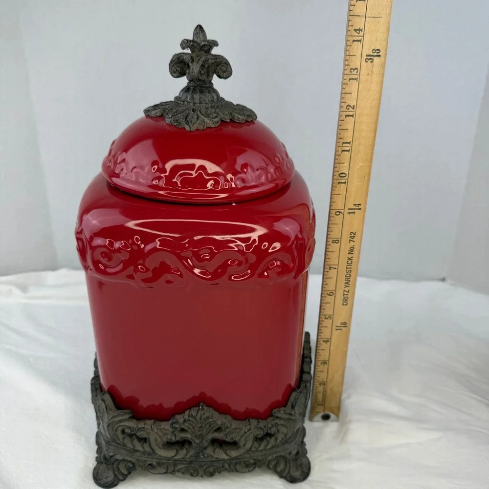 Drake Design Red Ceramic Canister Set of 3 Fleur De Lis Metal Base Kitchen Decor